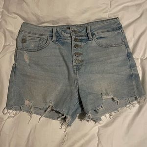 JUST USA high-rise distressed denim jean shorts with exposed button fly - size M